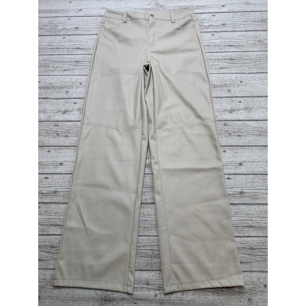 Wet Seal Dress Pants Women's Medium Beige High Rise Leather Wide Leg Trousers